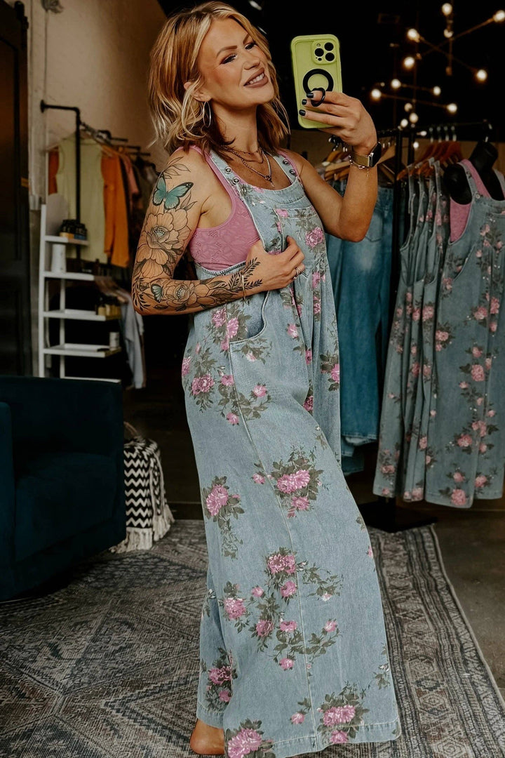 Beau Floral Print Pleated High Waist Wide Leg Denim Jumpsuit