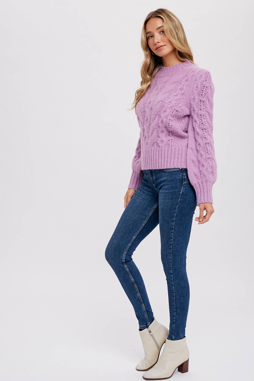 PUFF SLEEVES CABLE PULLOVER-Lavender