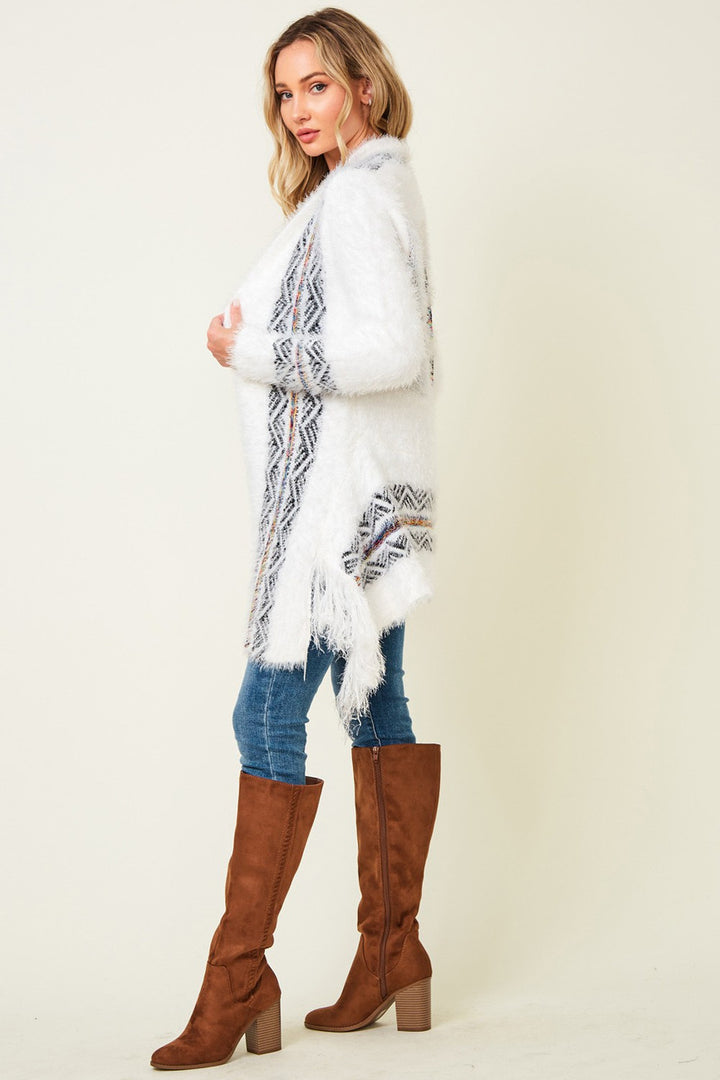 Aztec Print Long Sleeve Cardigan In Ivory