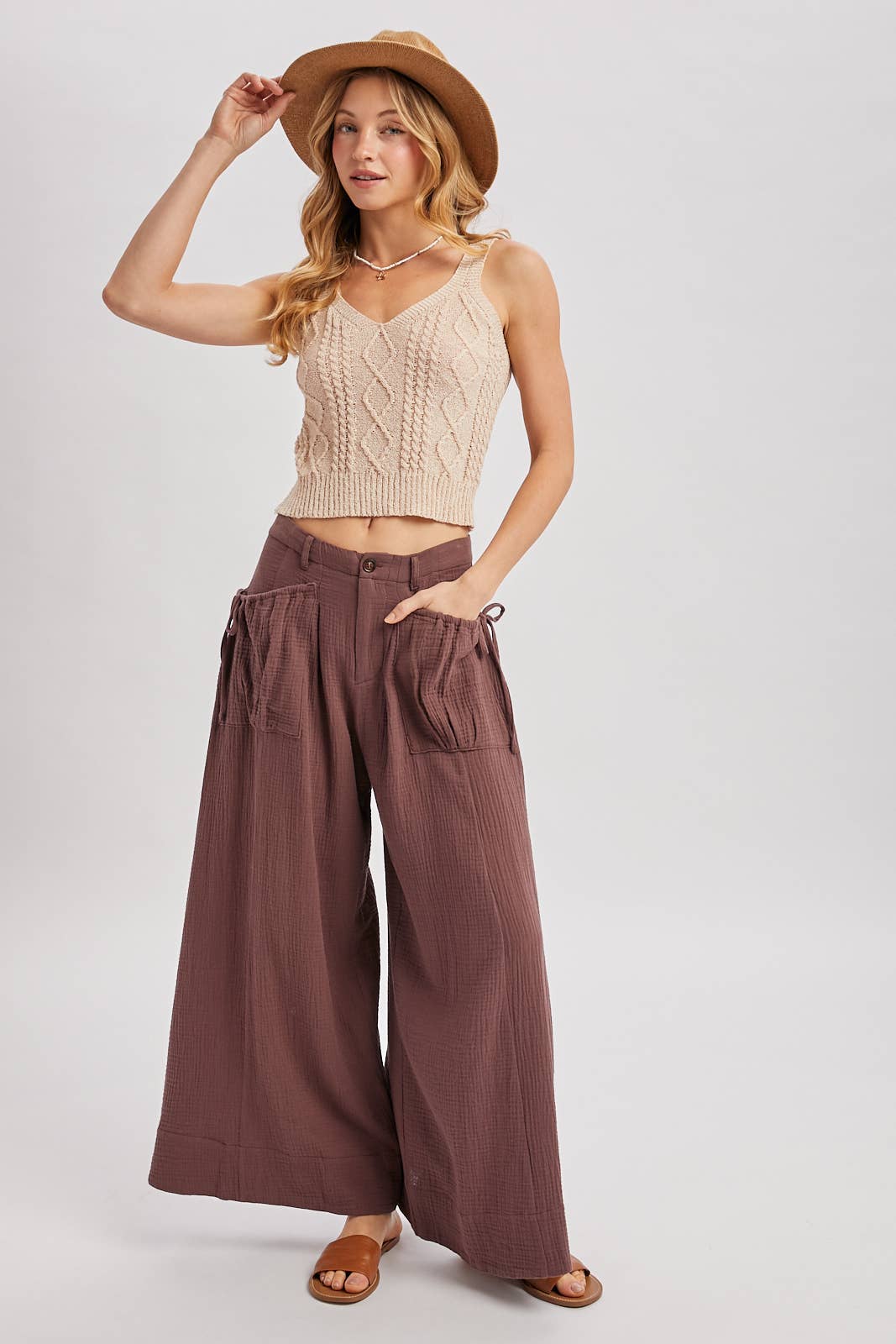 Patch Pocket Wide Leg Drawstring Pant - Mocha