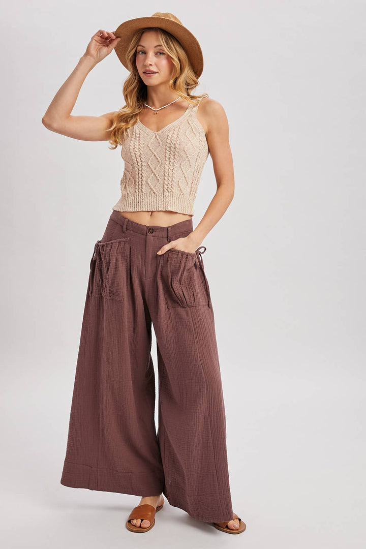 Patch Pocket Wide Leg Drawstring Pant - Mocha