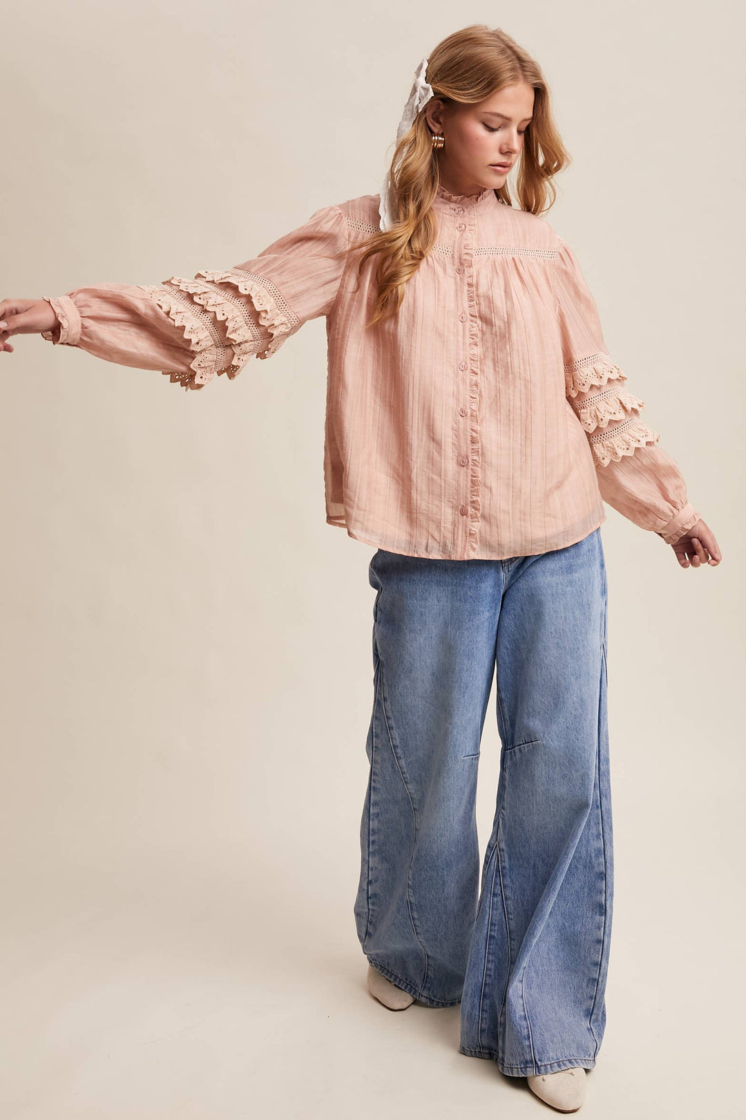 Lace Ruffle Sleeve Pintuck Blouse - Blush
