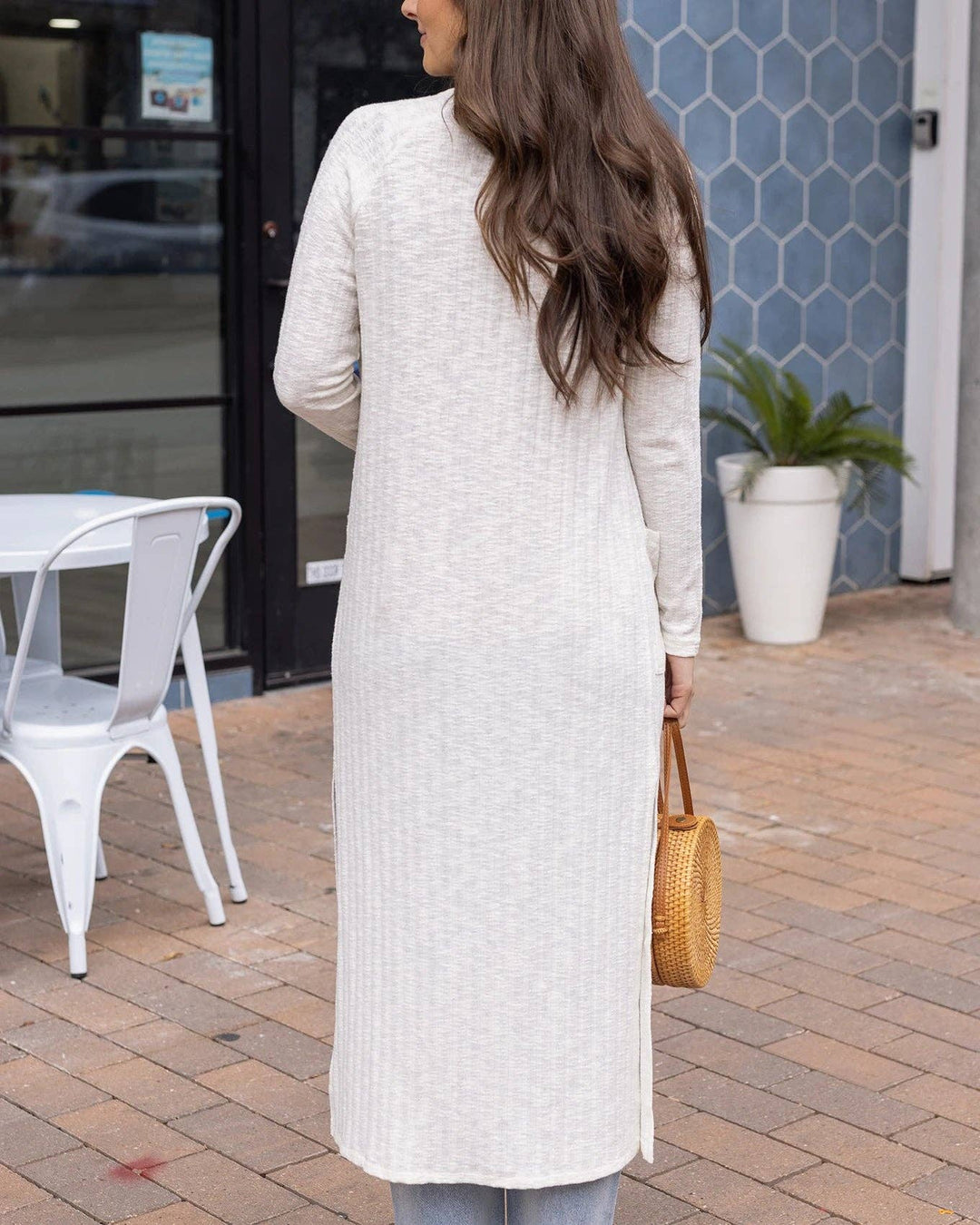 Ribbed Long Duster Cardigan in Ivory