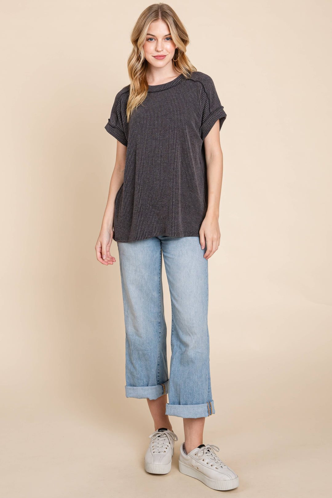 The Breezy Ribbed Knit Top - Charcoal