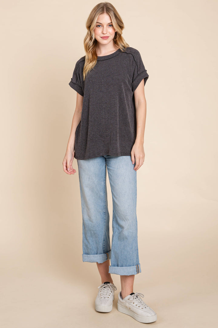 The Breezy Ribbed Knit Top - Charcoal