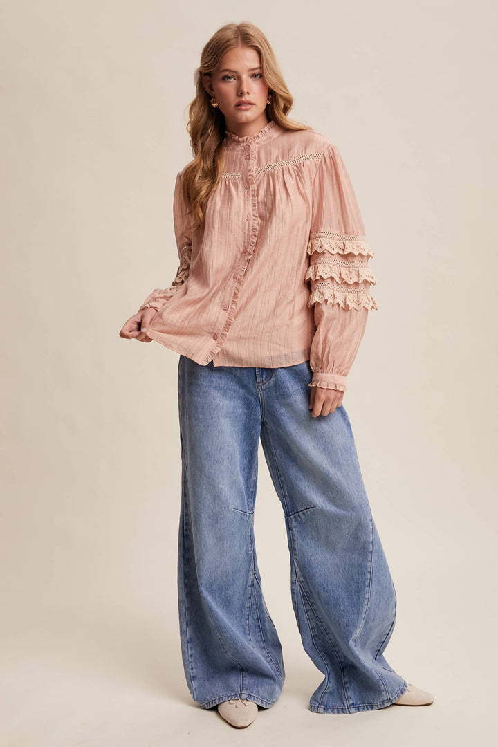 Lace Ruffle Sleeve Pintuck Blouse - Blush