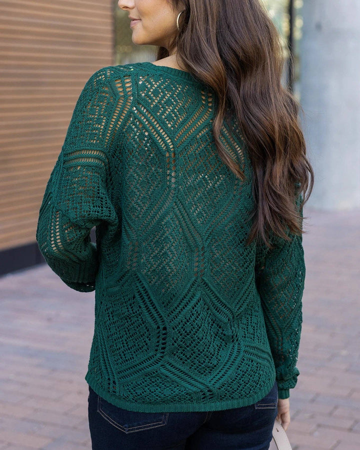 V-Neck Pointelle Sweater in Jade Green