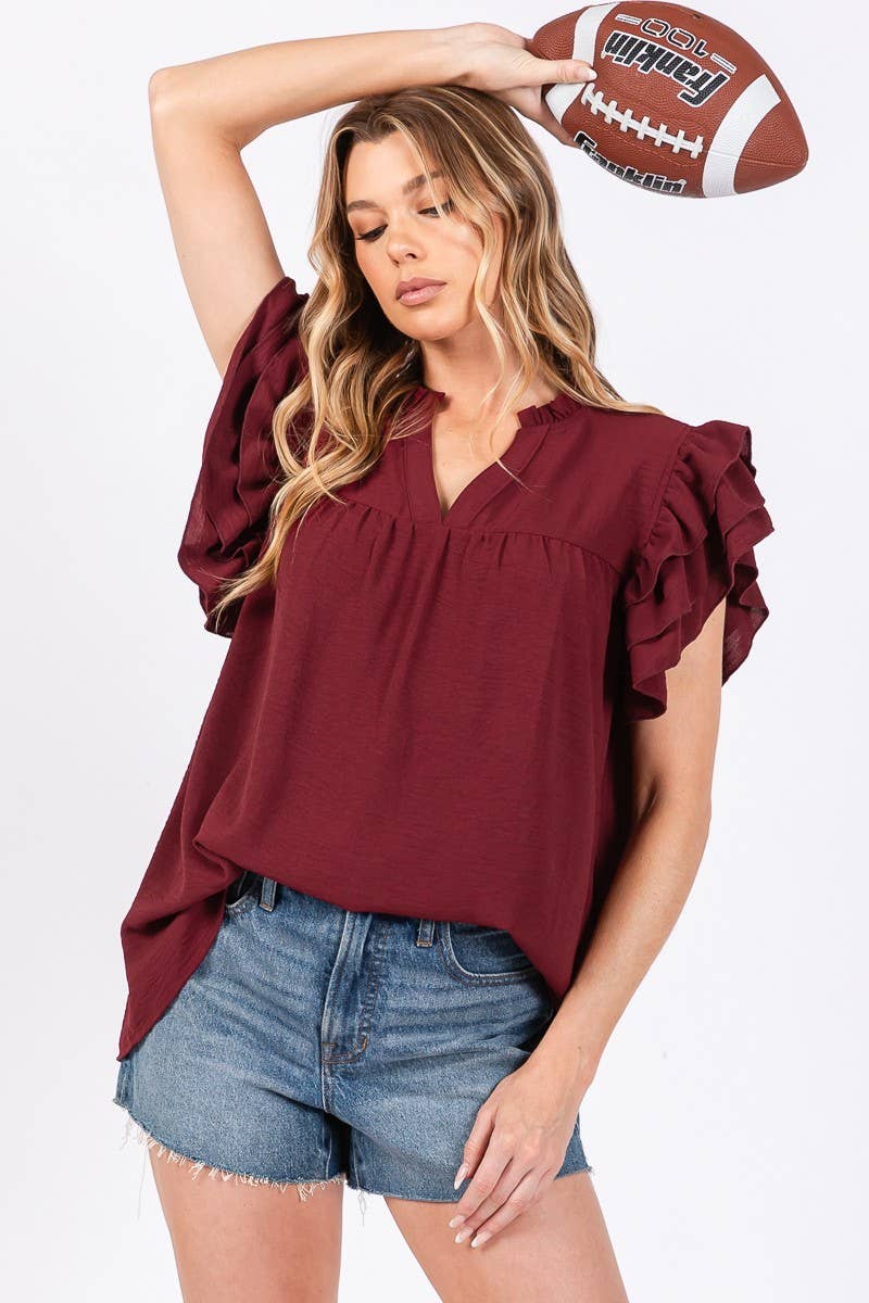 AIRFLOW OVERSIZED RUFFLE SLEEVE BLOUSE - BURGUNDY