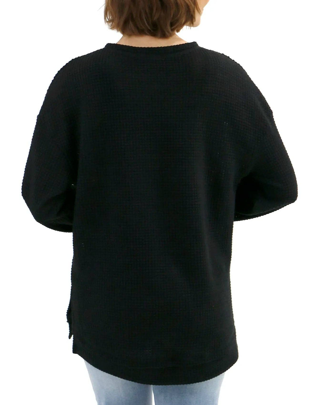 Slouchy Waffle Pullover in Black