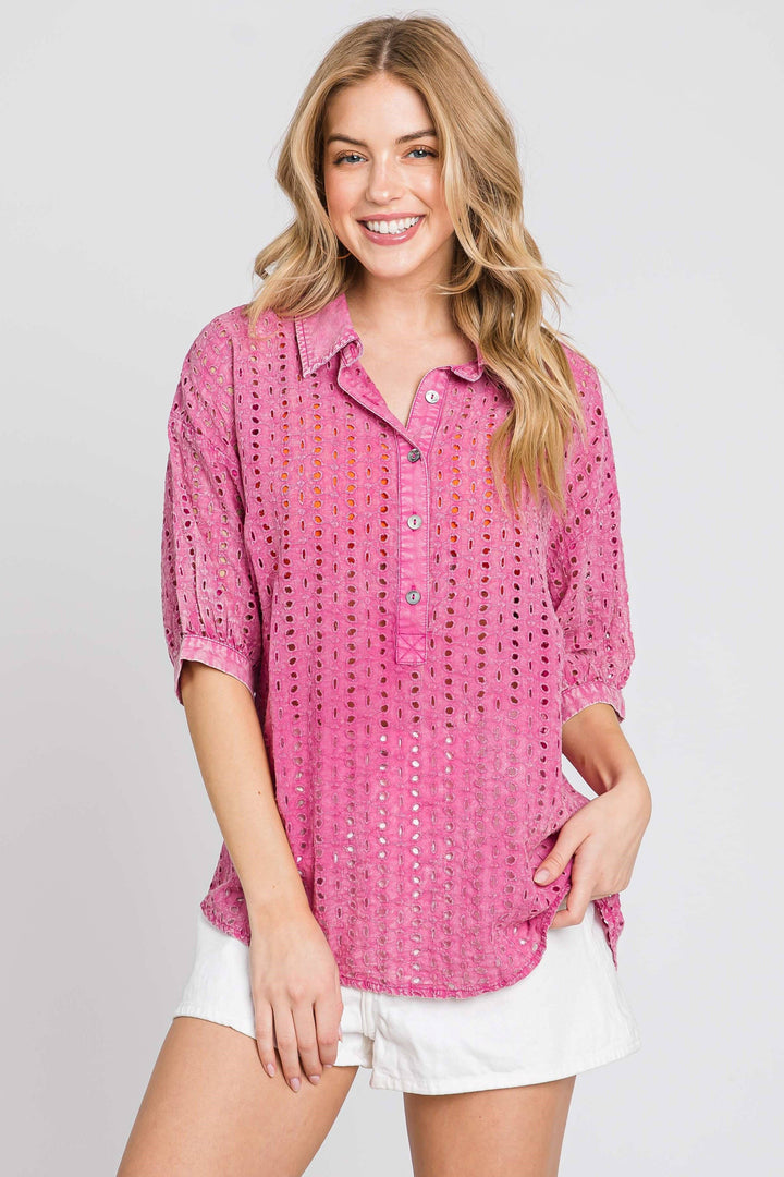 Cotton Eyelet Washed Top - 2 colors (Pink/Blue)