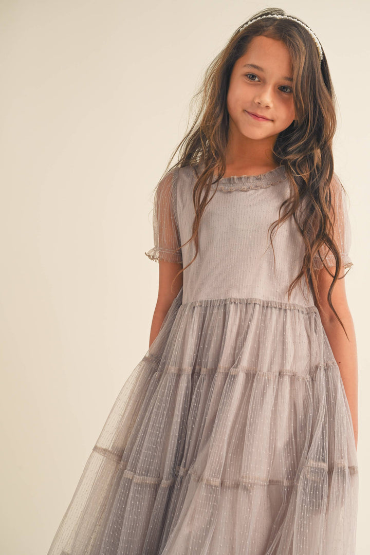 GIRLS PUFF SLV TIERED MESH MIDI DRESS