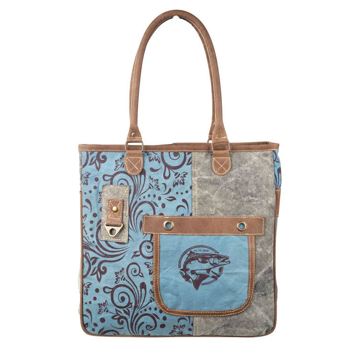 Blue And Brown With Fish Canvas Tote