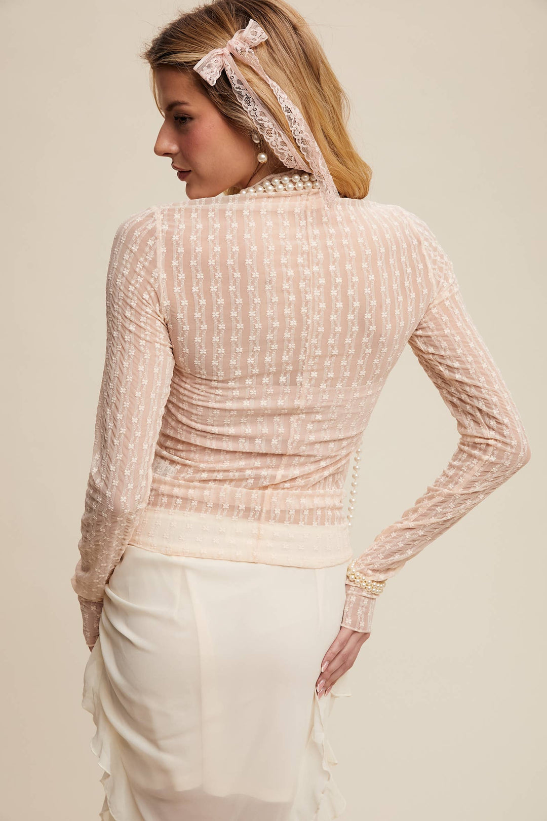 Semi Sheer Textured Lace Layering Top - Light Blush