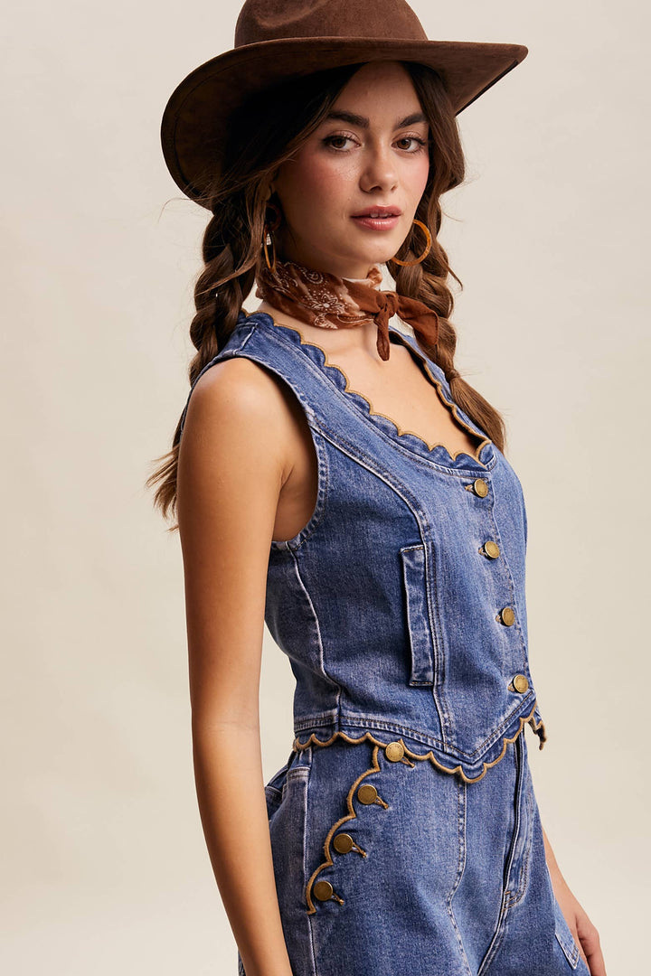 Scallop Trim Stretch Denim Vest