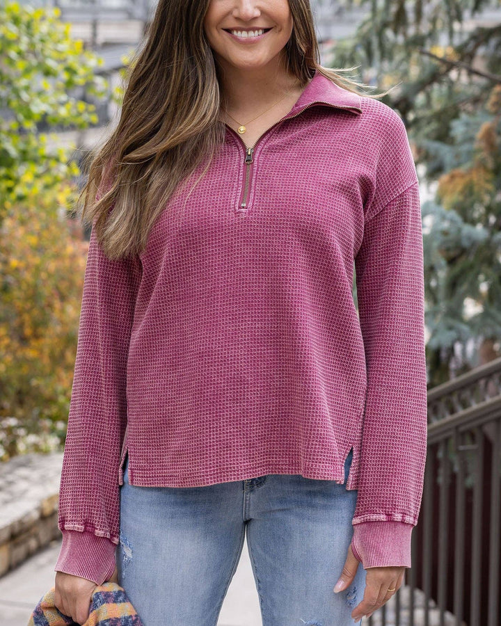 Grace and Lace Hideaway Thermal Pullover in Washed Berry
