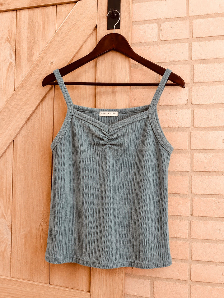 Waffle Knit Sweetheart Crop Tank - Dusty Teal