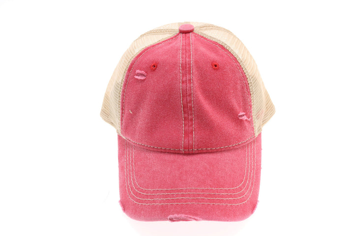 Washed Mesh Back Cotton Classic CC Ballcap - Red