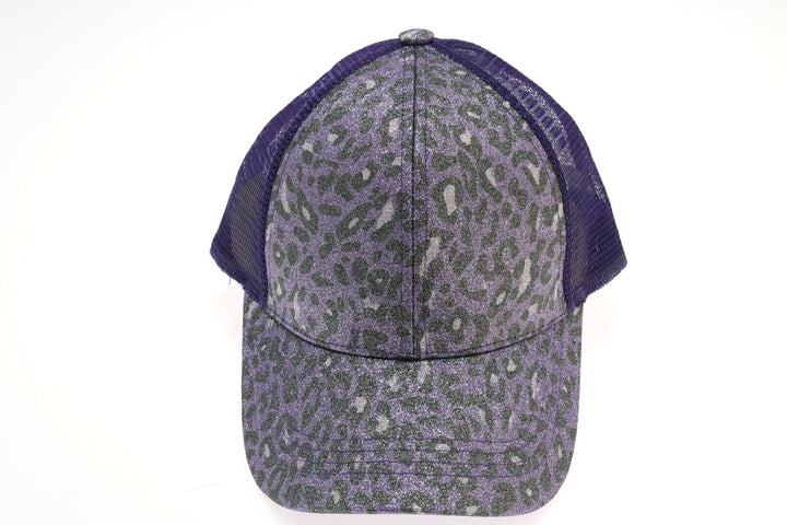 Leopard Glitter High Ponytail CC Ball Cap - Black