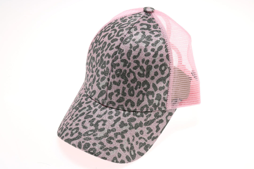 Leopard Glitter High Ponytail CC Ball Cap - Rose/Pink