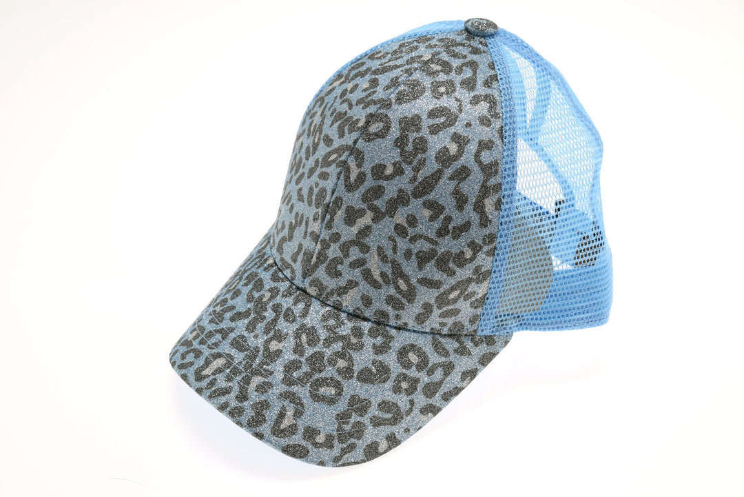 Leopard Glitter High Ponytail CC Ball Cap - Lt. Blue