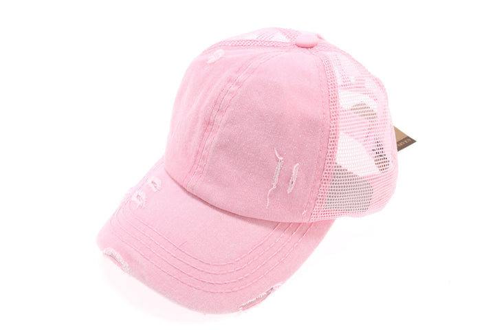 Distressed Mesh Back High Pony CC Ball Cap - Lt. Pink