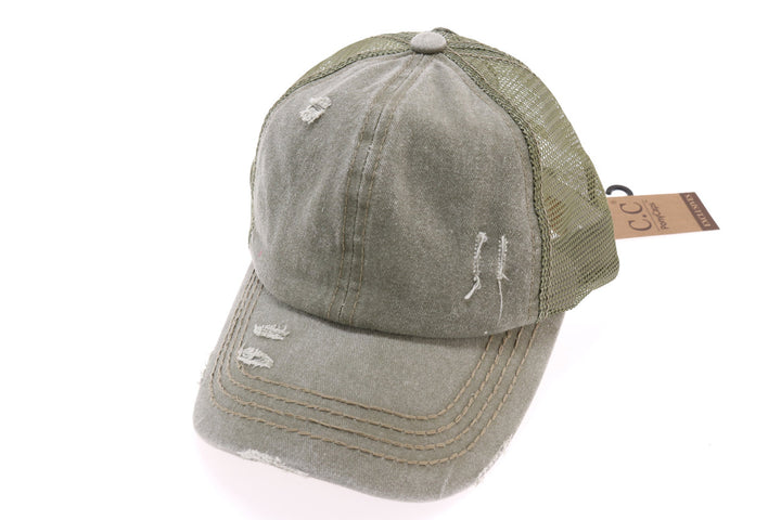 Distressed Mesh Back High Pony CC Ball Cap - Khaki