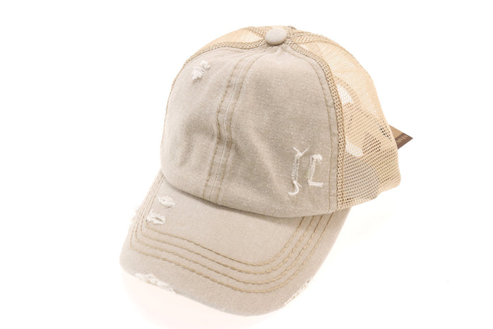 Distressed Mesh Back High Pony CC Ball Cap - Beige