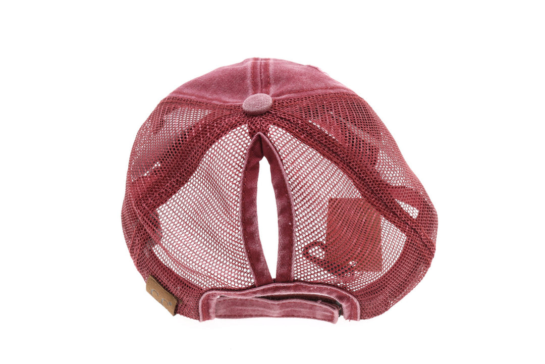 Distressed Mesh Back High Pony CC Ball Cap - Burgundy