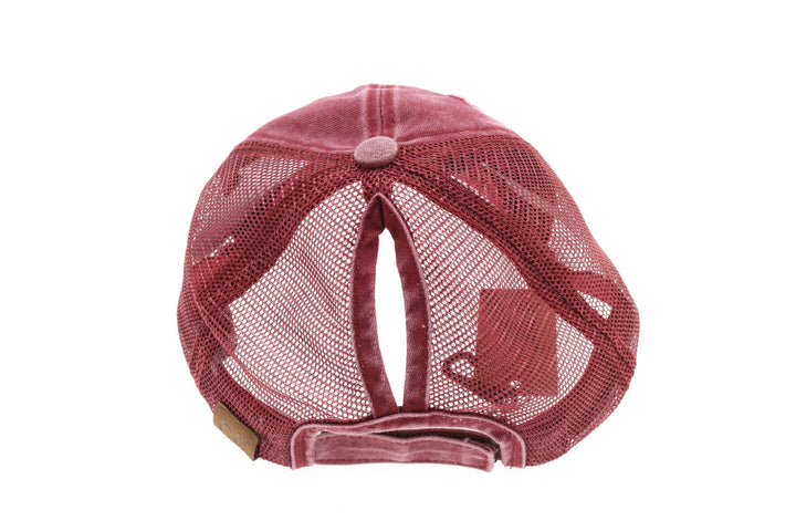 Distressed Mesh Back High Pony CC Ball Cap - Burgundy