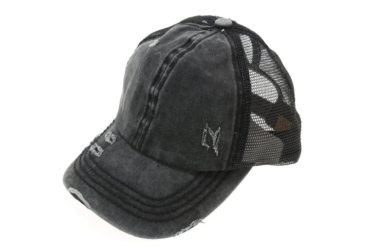 Distressed Mesh Back High Pony CC Ball Cap - Black