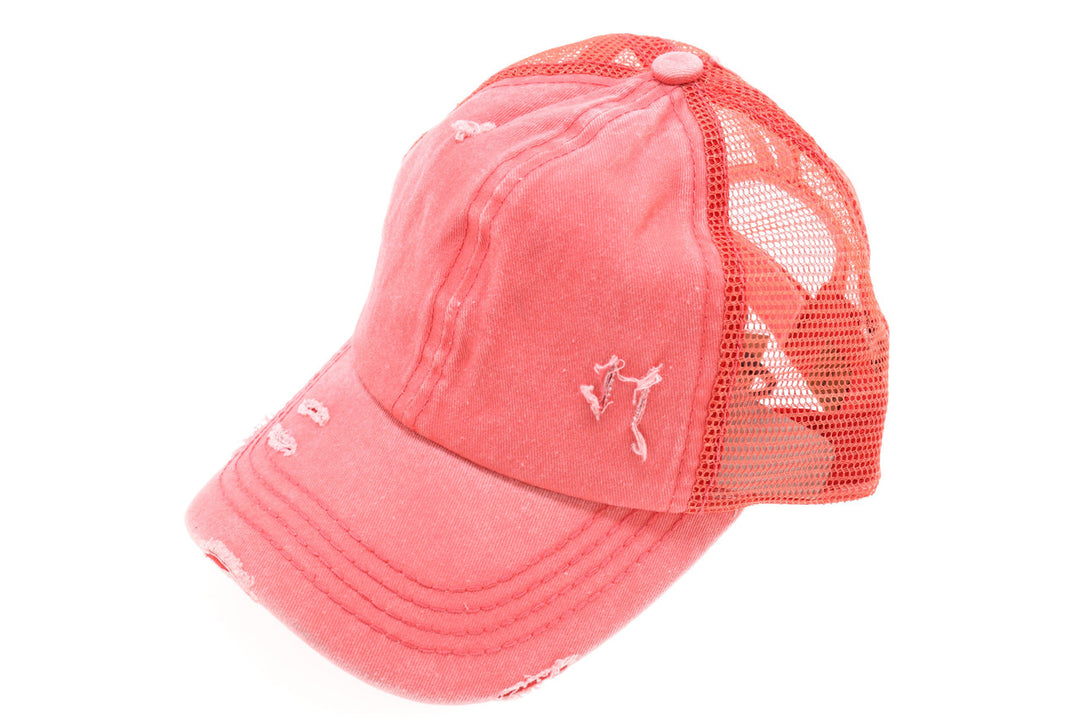 Distressed Mesh Back High Pony CC Ball Cap - Coral