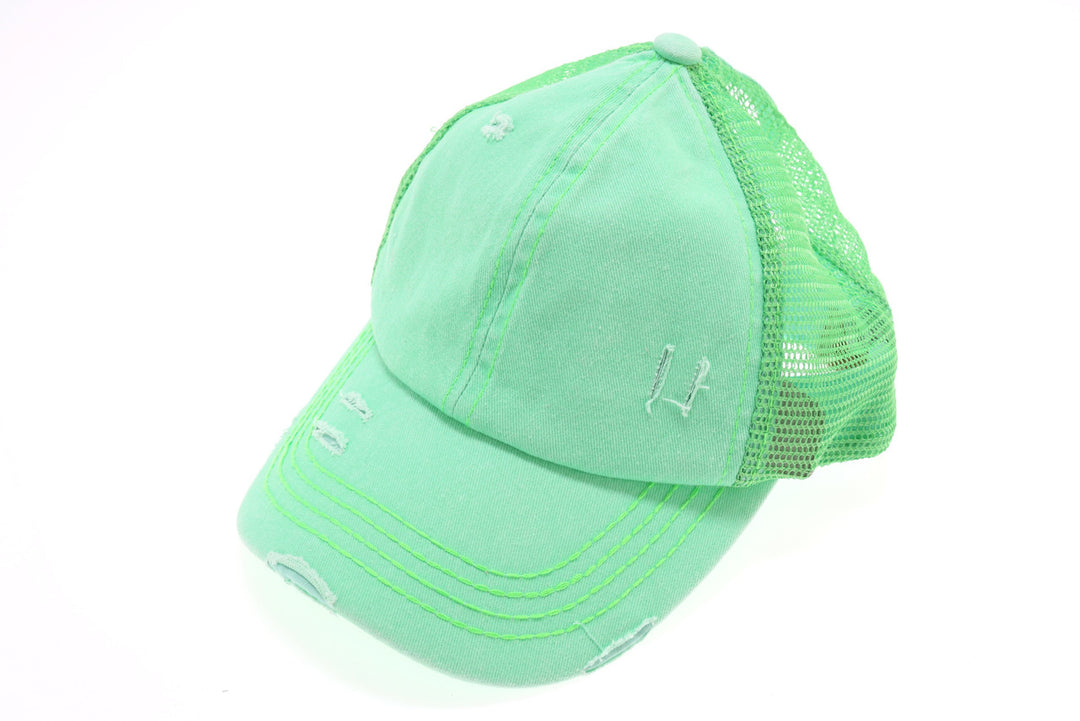 Distressed Mesh Back High Pony CC Ball Cap - Mint