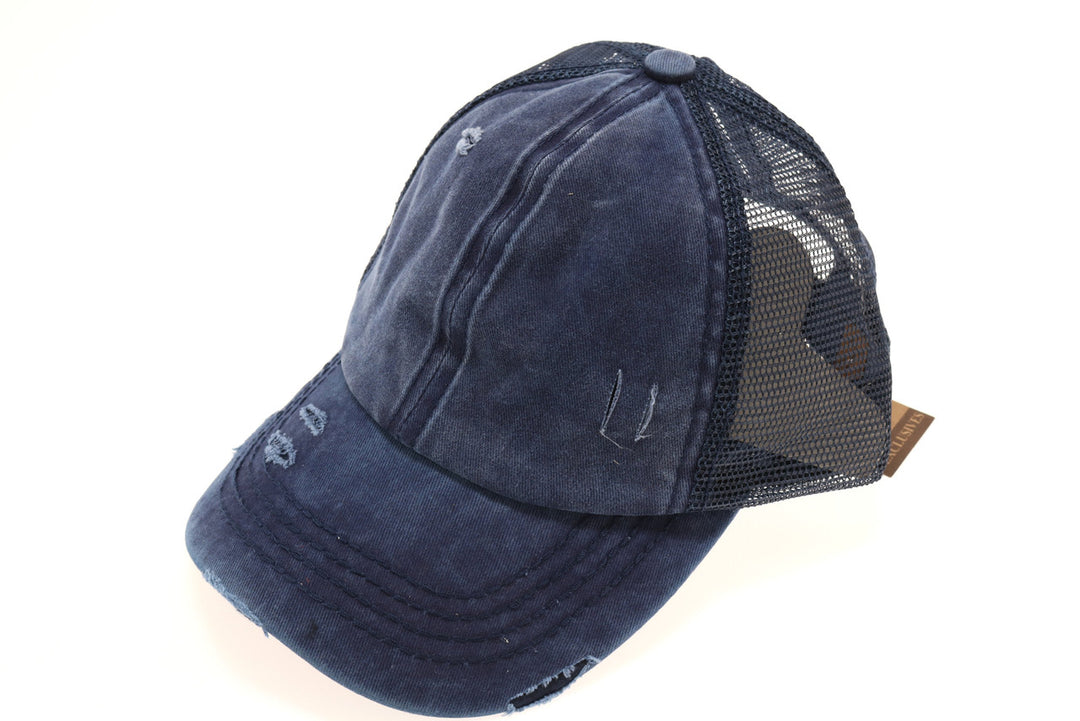 Distressed Mesh Back High Pony CC Ball Cap - Navy