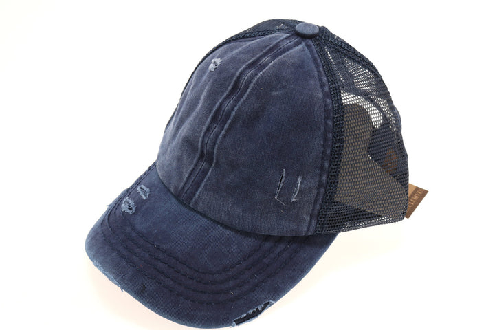 Distressed Mesh Back High Pony CC Ball Cap - Navy