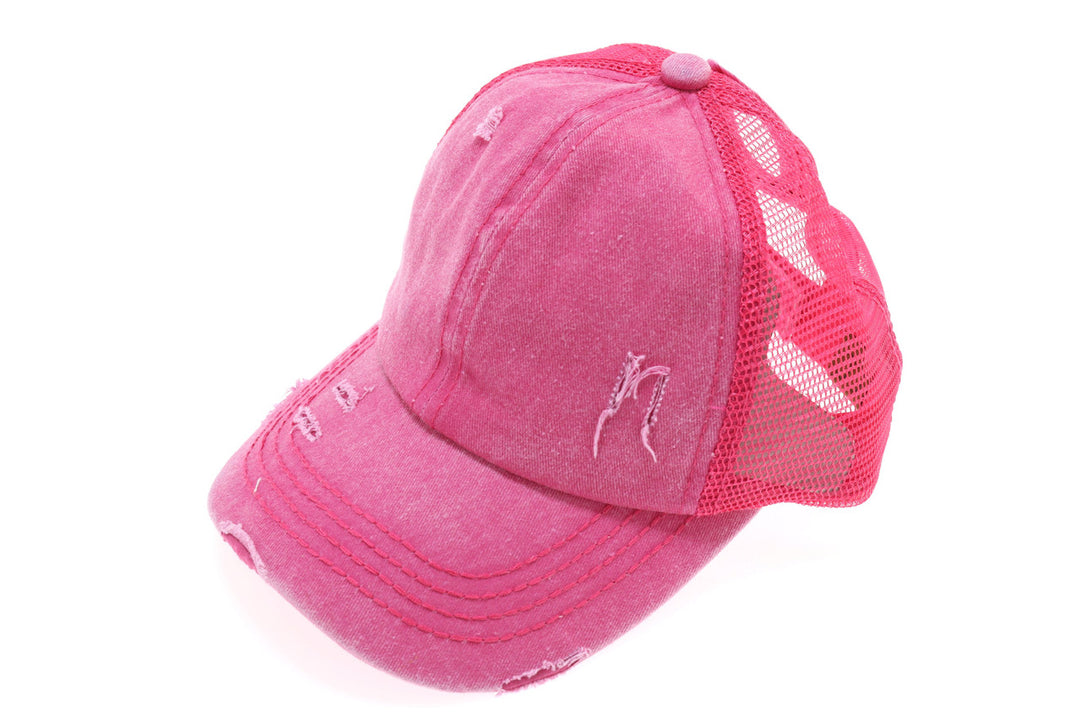 Distressed Mesh Back High Pony CC Ball Cap - Hot Pink