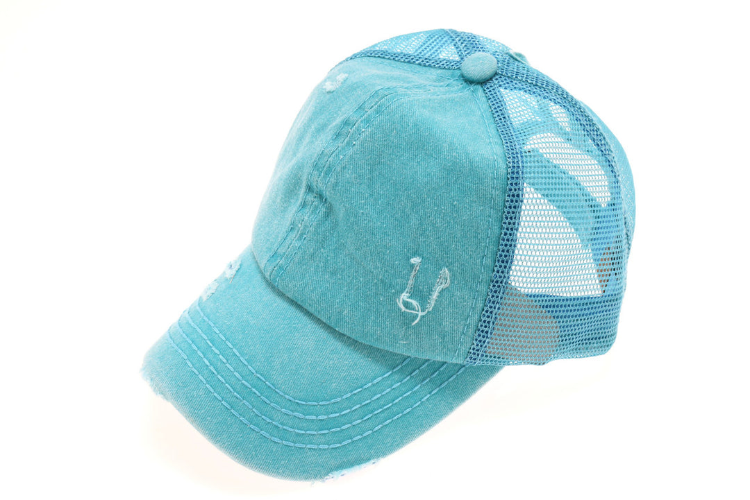 Distressed Mesh Back High Pony CC Ball Cap - Turquoise