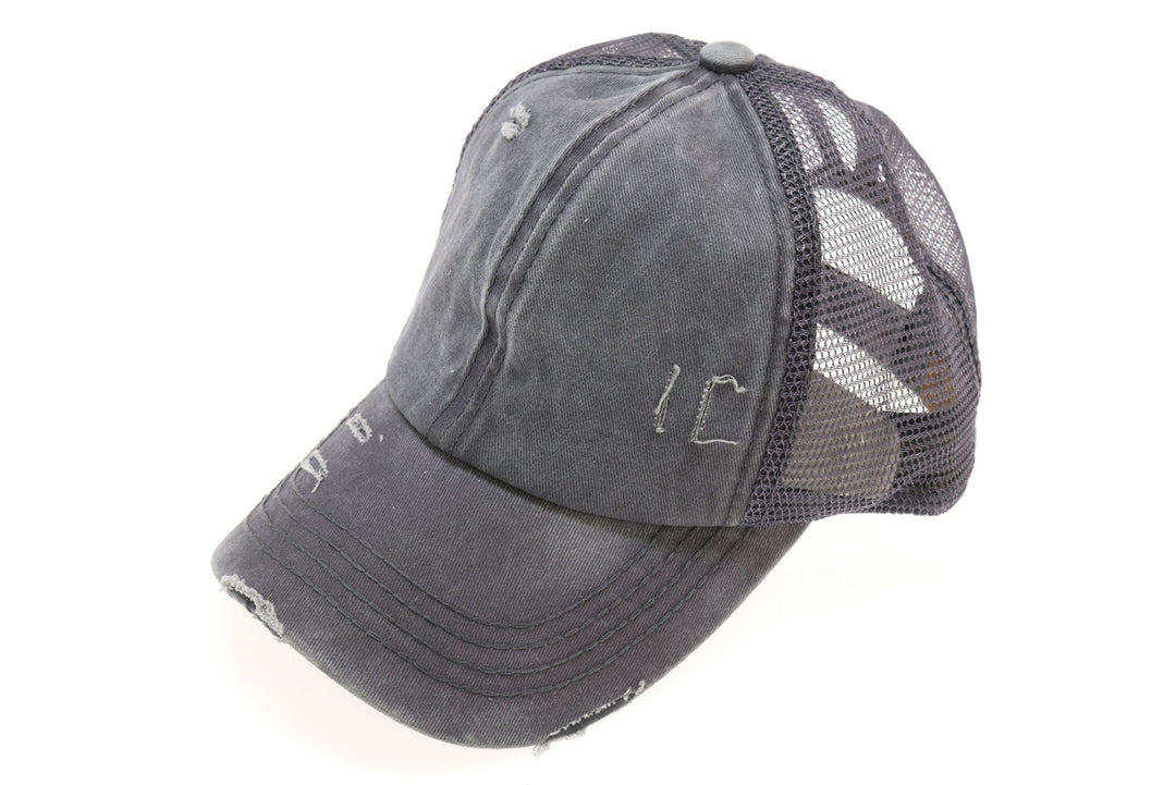 Distressed Mesh Back High Pony CC Ball Cap - Grey