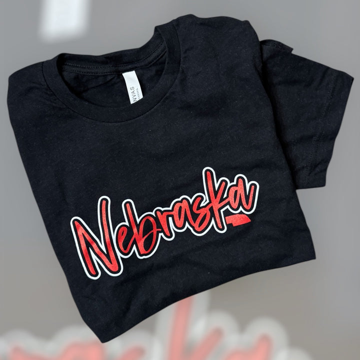 Nebraska State with outline Tee - Black