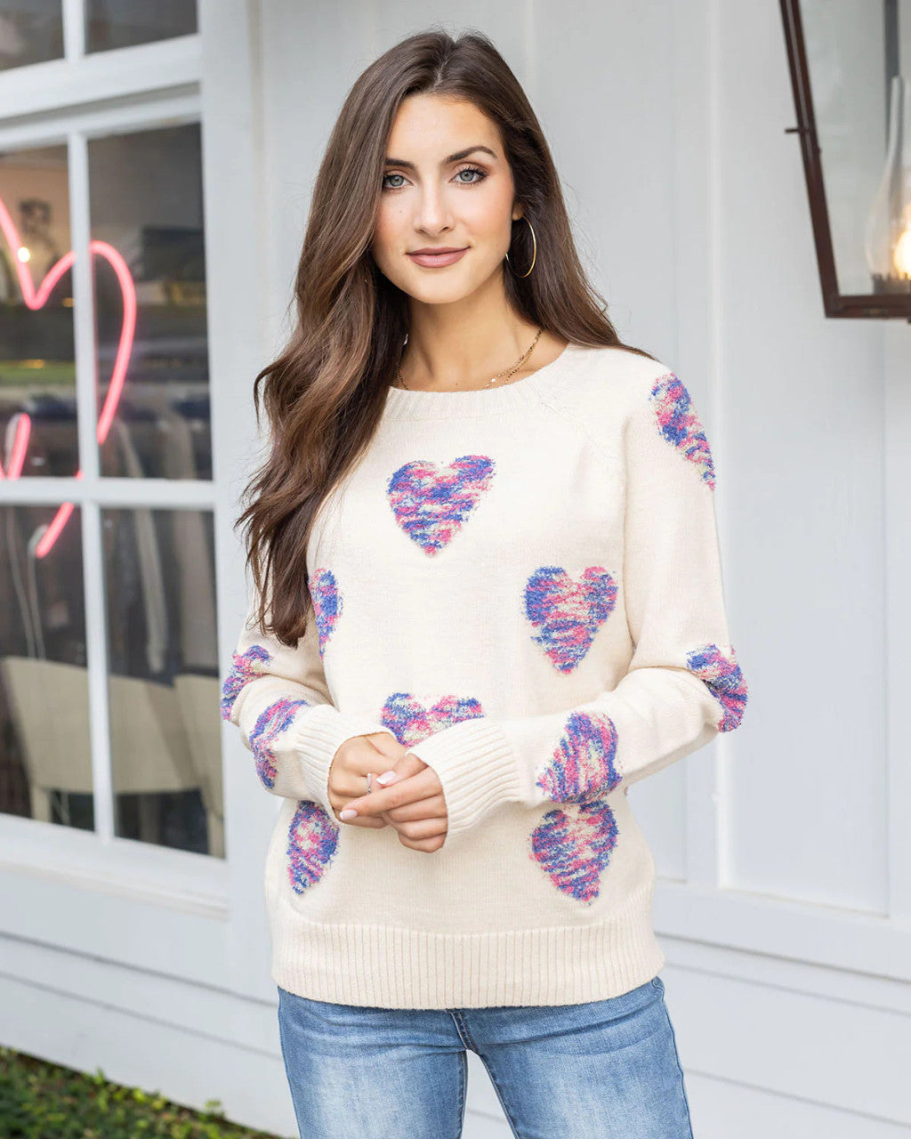 Grace and Lace Be Mine Knit Heart Sweater - Cream/Multi