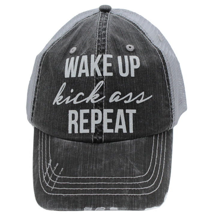 Wake Up, Kick Ass, Repeat Trucker Cap - Distressed Grey