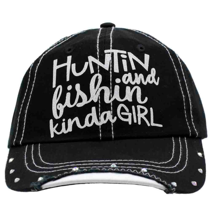 Huntin and Fishin Kinda Girl Trucker Cap - Distressed Black