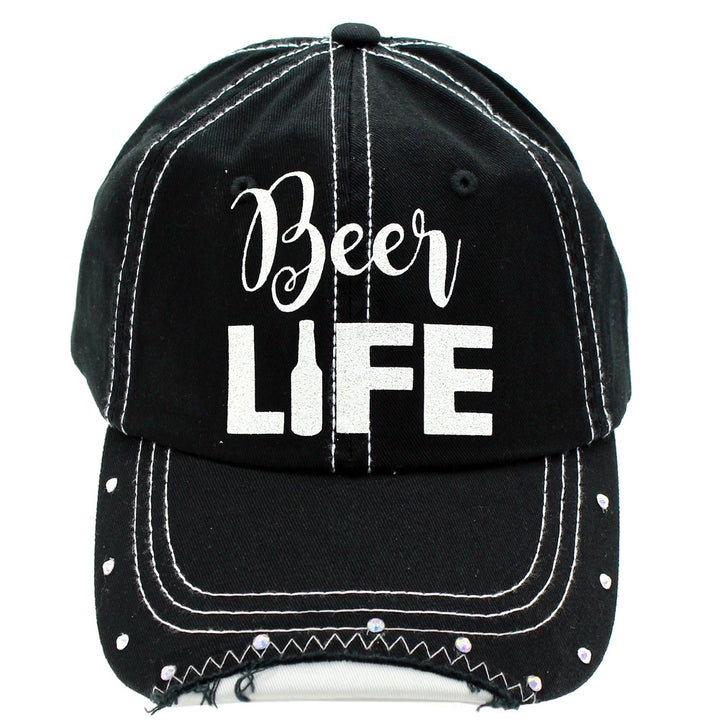 Beer Life - Distressed Black and White Cap with rhinestones