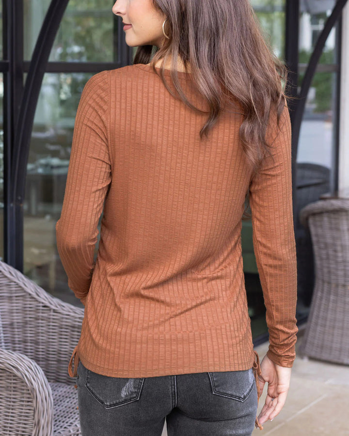 Grace and Lace Cinched Ribbed Cardi Top - Whiskey