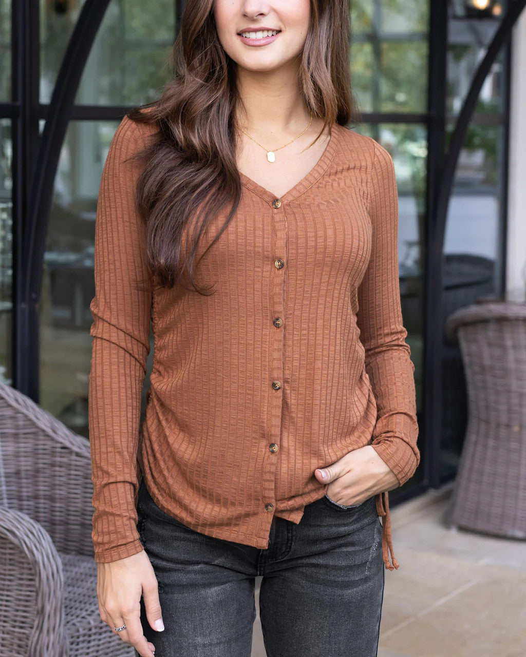 Grace and Lace Cinched Ribbed Cardi Top - Whiskey