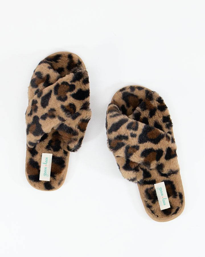 Grace and Lace Criss Cross Slippers - Brown Leopard