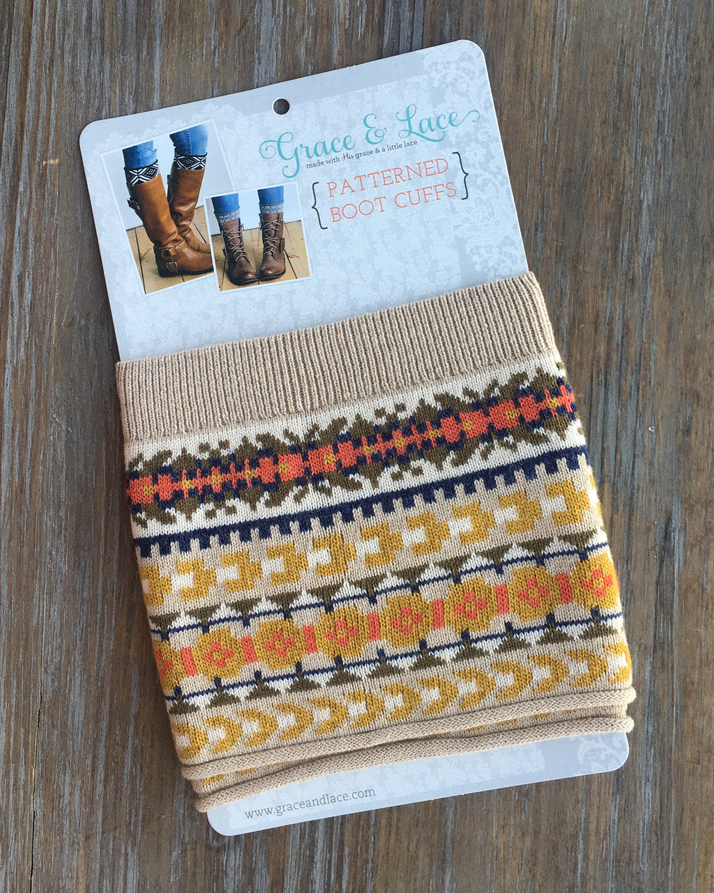 Grace and Lace Patterned Boot Cuffs - Fair Isle (tan/mustard/coral)