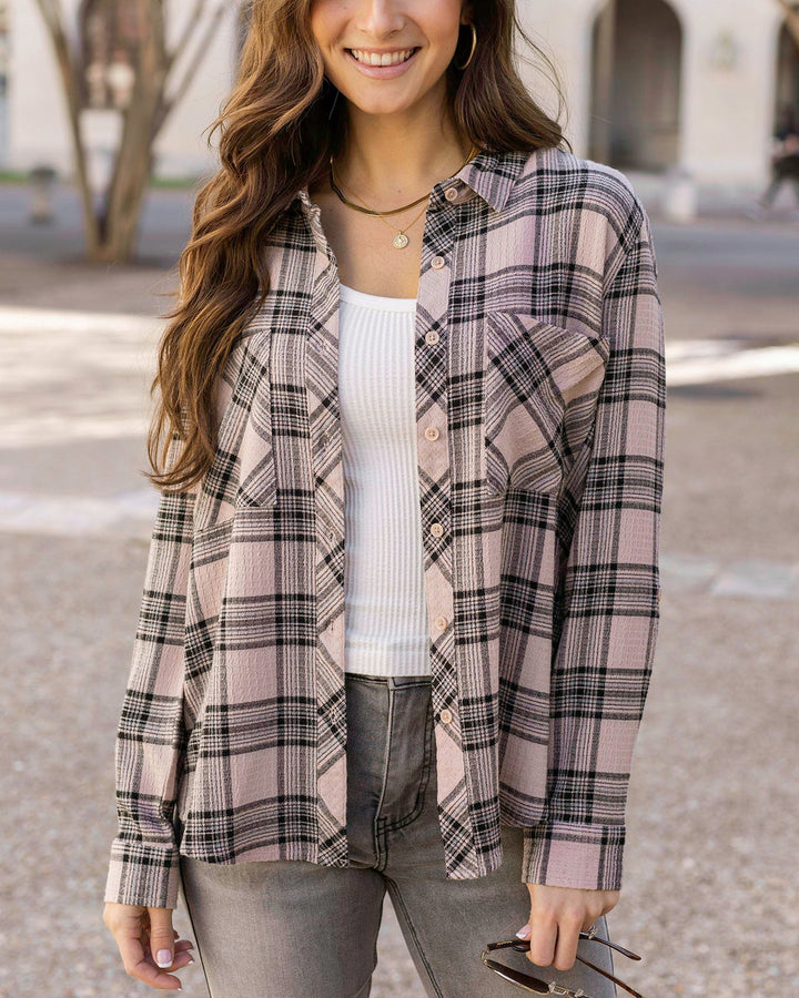 Grace and Lace - Favorite Button Up Top - Blush-Black Plaid