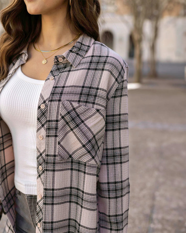 Grace and Lace - Favorite Button Up Top - Blush-Black Plaid