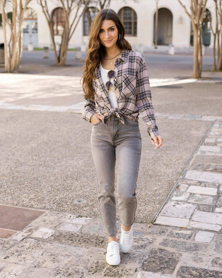 Grace and Lace - Favorite Button Up Top - Blush-Black Plaid