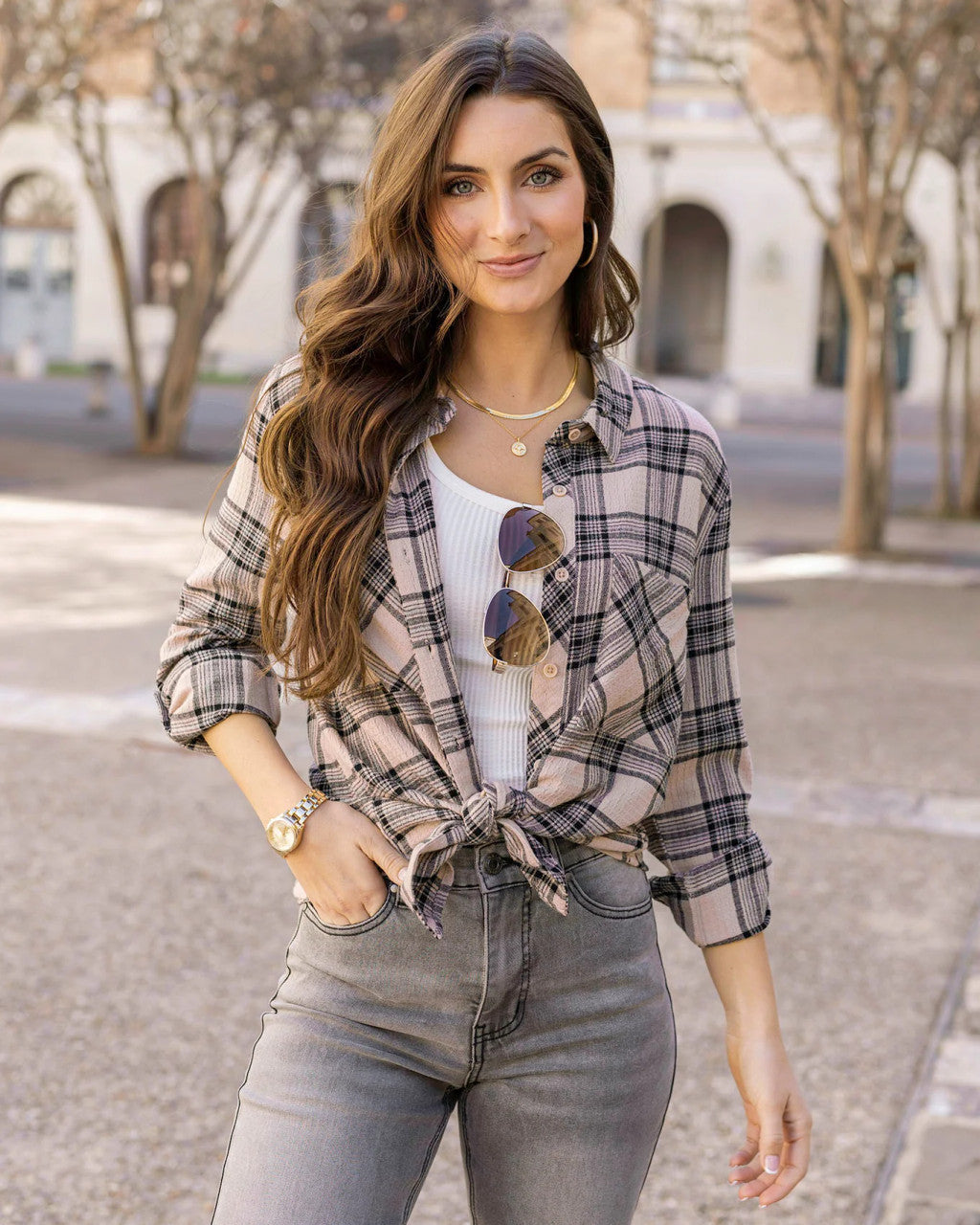 Grace and Lace - Favorite Button Up Top - Blush-Black Plaid